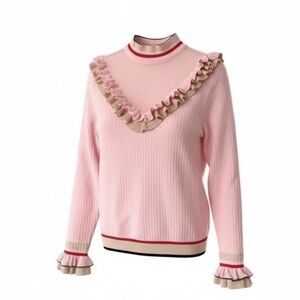 Moelleux Pink Ruffle Long Sleeve Ribbed Knit Sweater Women’s Large Metal…